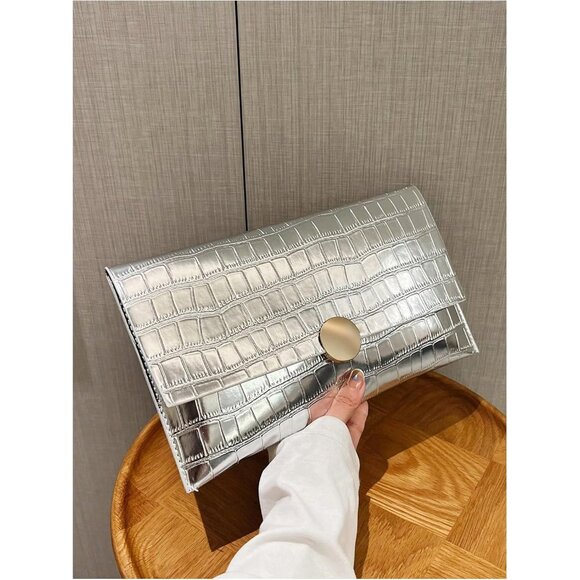 Women's Silver Metallic Crocodile Style Envelope Clutch Bag, Evening Formal Wedd - Picture 5 of 7